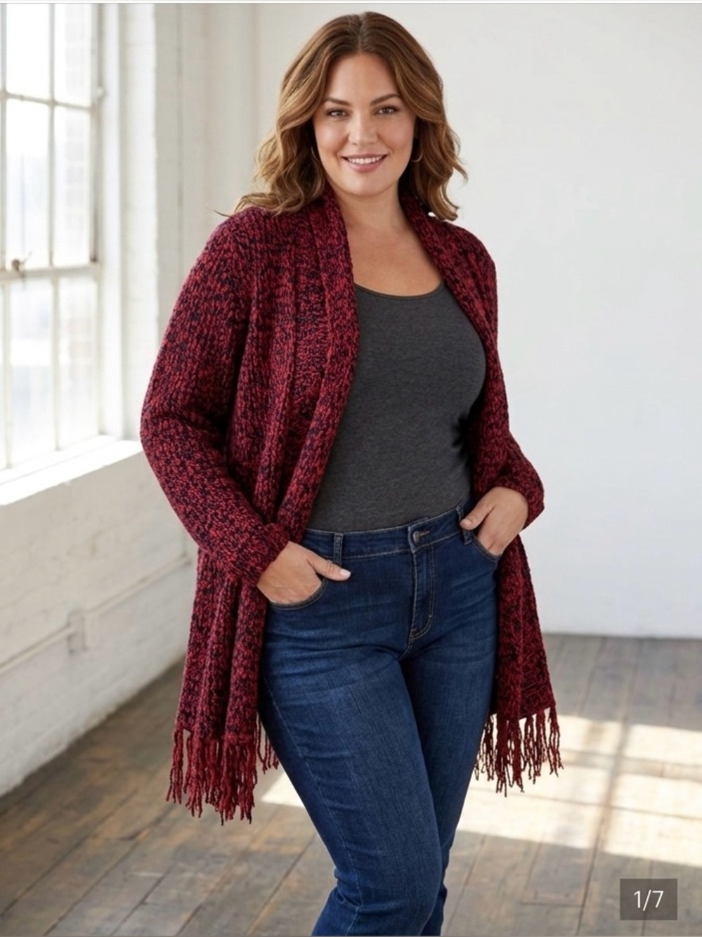 Ruby Rd. Sweater Cardigan Red & Black Open  Fringe Size 1x